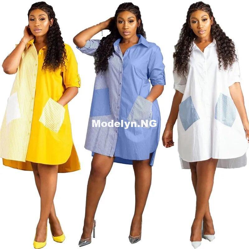 2019 Striped Long Sleeve Shirt Dress Women Turn-Down Collar Button Up Loose Blouse Dress Casual Streetwear Oversized Shirt Dress - Image 2