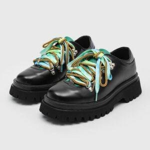 Men’s Black Lug Sole Sneakers with Vibrant Blue-Green Rope Laces