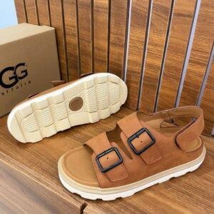 Men’s Leather-Look Sandals – Brown with White Sole & Black Buckles