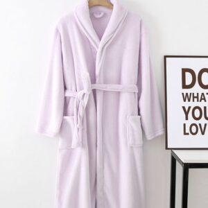 Winter thickened island velvet flannel for male and female couples, extended warm Light Violet collar + hooded bathrobe and nightgown