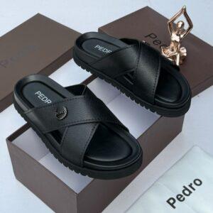Pedro Black Textured Cross-Strap Slides