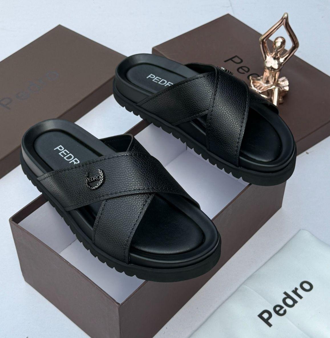 Pedro Black Textured Cross-Strap Slides